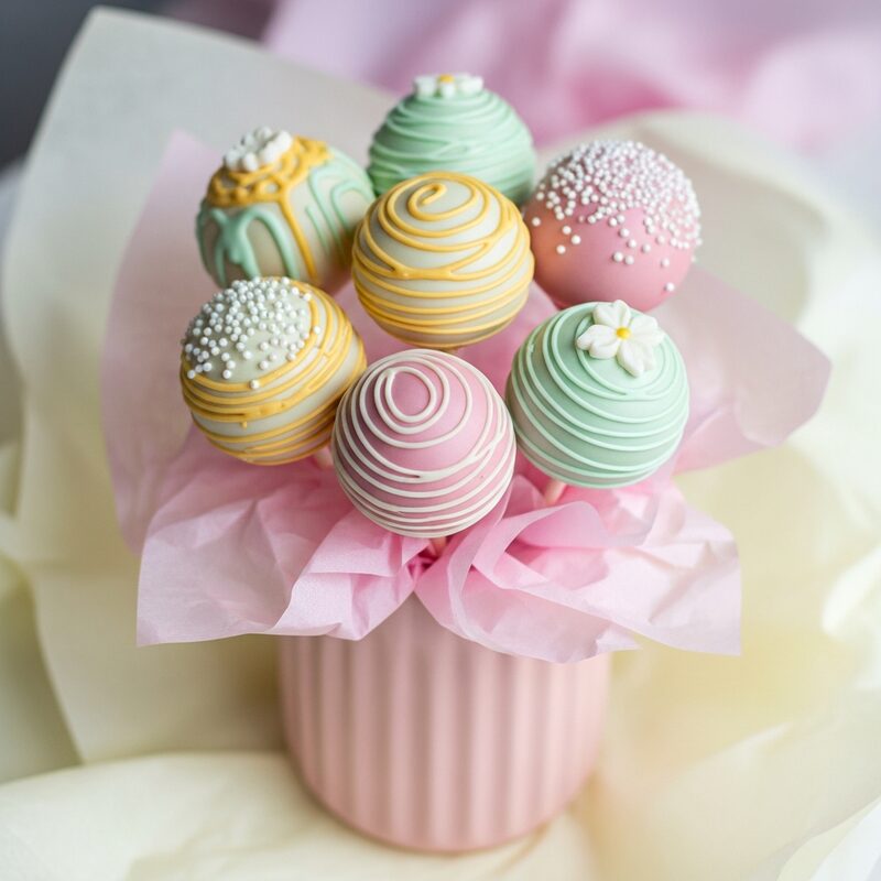 Cake-pop bouquet arrangement in a pink container