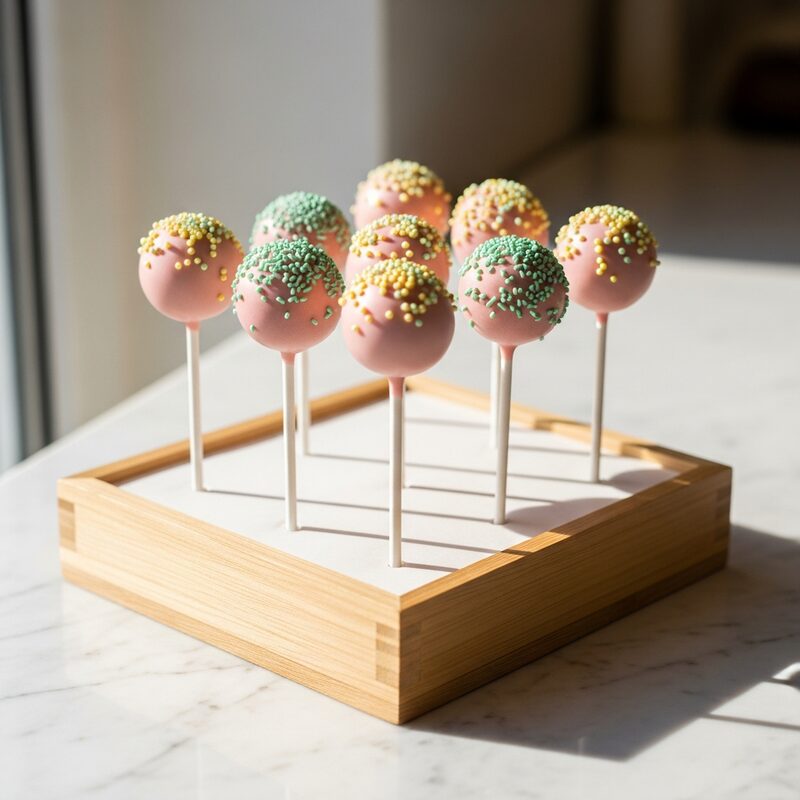 Pastel pink cake pops on a small wooden display